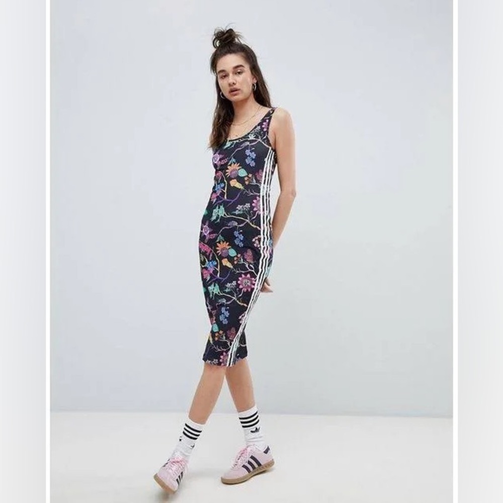adidas Originals Garden Floral-Print Tank Dress in Black